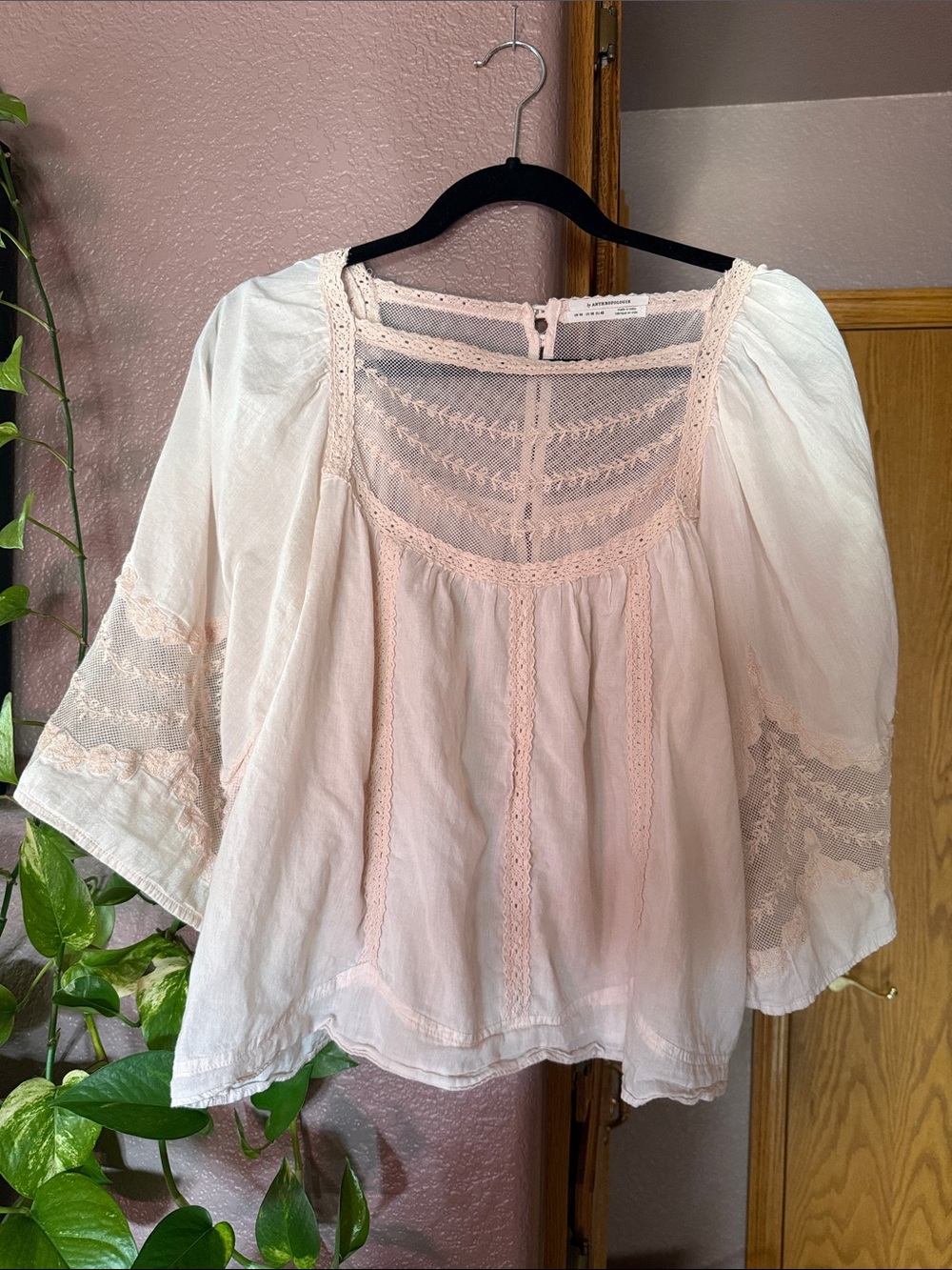 Anthropologie Pale Pink Lace-Trim Peasant Blouse. Super beautiful and pre loved.